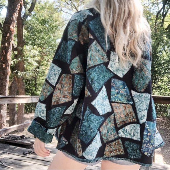 Vintage Jackets & Blazers - VTG blue quilted patchwork open front jacket